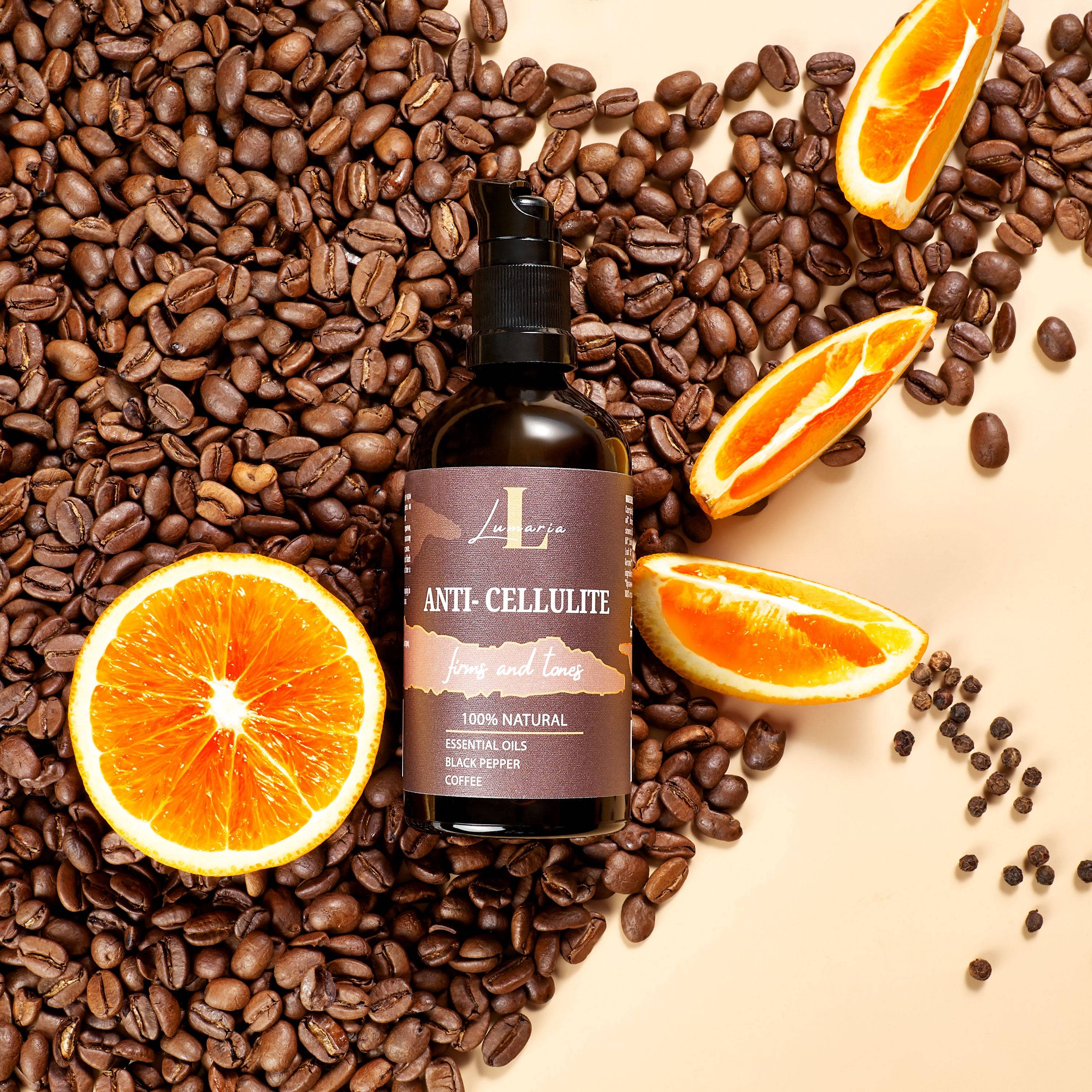 Био-натурално антицелулитно олио с кафе, черен и розов пипер.